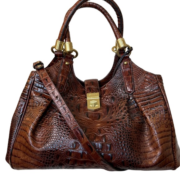 Brahmin Handbags - BRAHMIN Elisa Pecan Melbourne Croc Embossed Leather Satchel Purse Handbag Brown